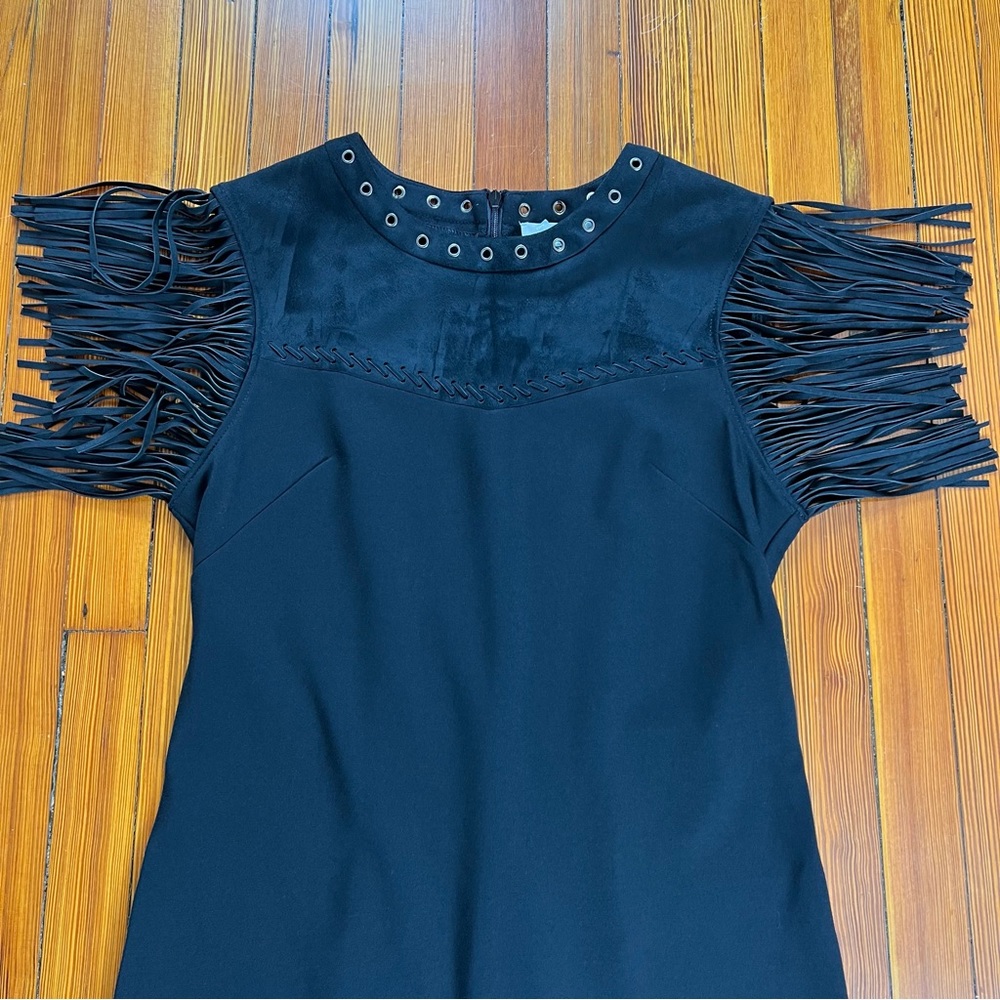 Ipekyol Black Fringe Shoulder Grommet Neck Shift Dress Chic Western Boho Style - Picture 4 of 13